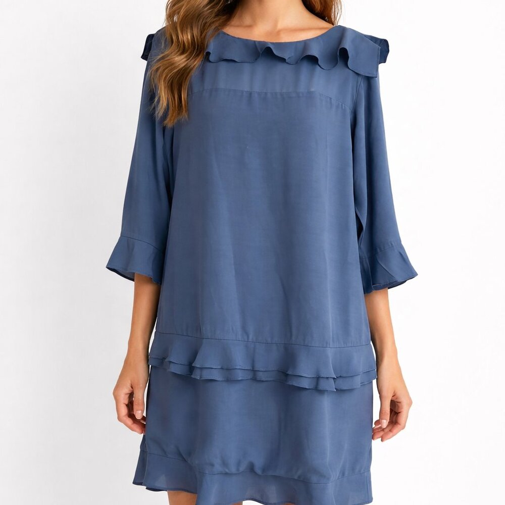 Banana Republic Blue Ruffle Sheath Dress Sheer Neckline Bell Sleeves Lined 4 NWT